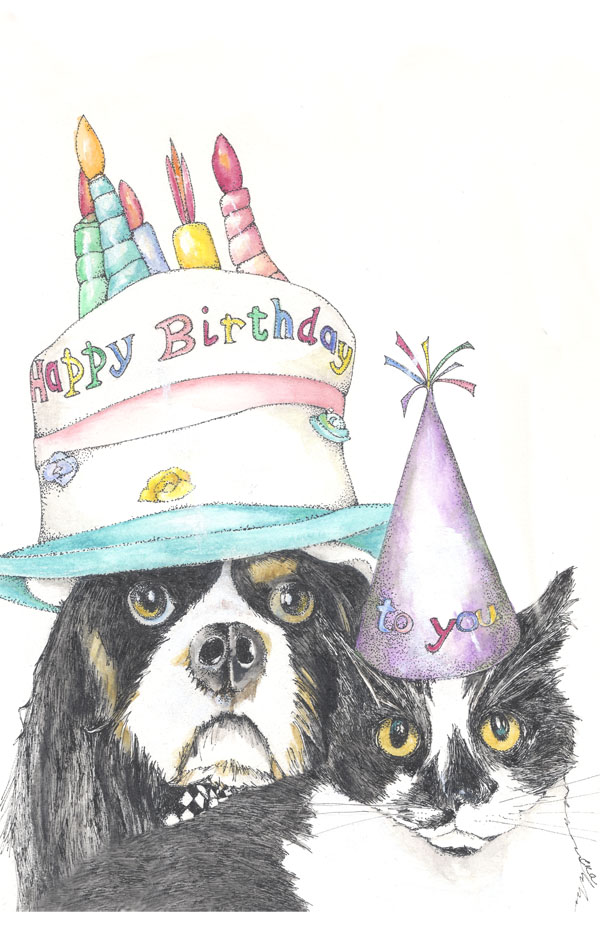 Happy birthday from the cat and dog Rainbow Zebra Graphics